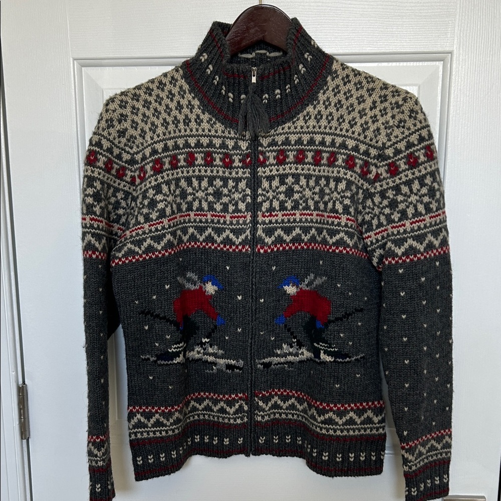 Lauren Ralph Lauren Charcoal Gray Fair Isle Ski Zip Sweater with Red Accents